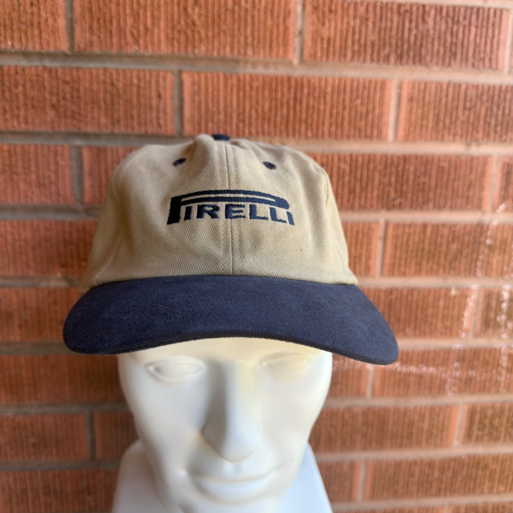Vintage Pirelli Racing Hat Mens OSFM Tan Blue Adjustable Strapback Cap